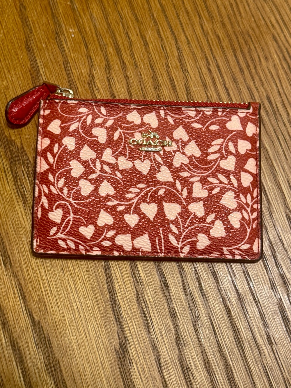 Coach Red Heart Print Card Case Wallet Zip Coin Purse Valentine's Day Leather